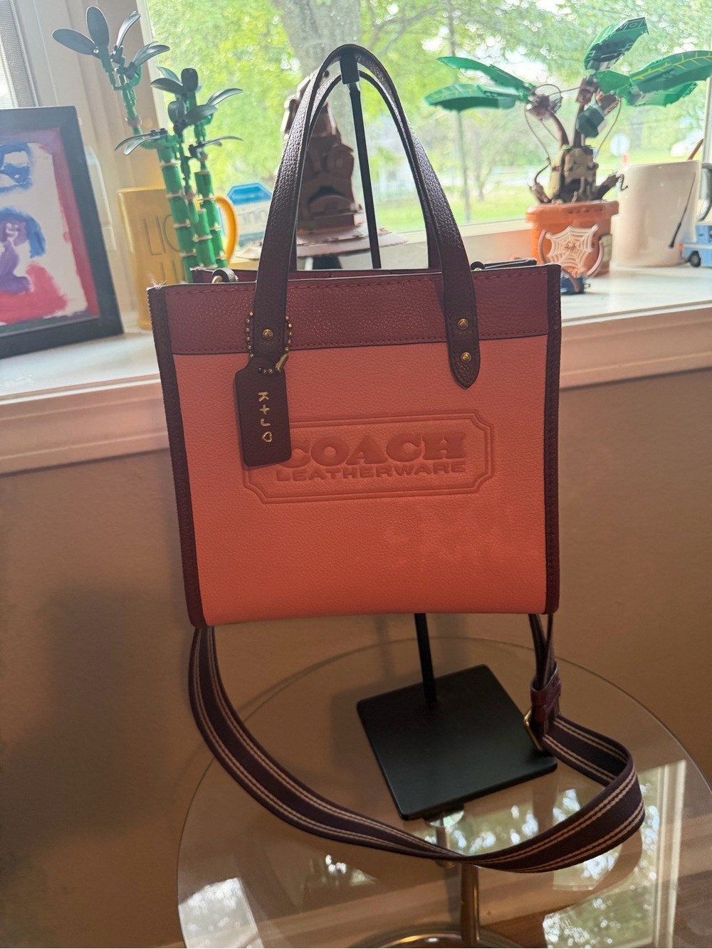 Coach Field Tote 22 Pink Leather Crossbody Tote with Dark Brown Trim